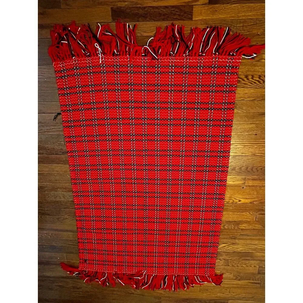 Vintage Handmade Red/White/Black Afghan Throw‎ Blanket Crochet 36